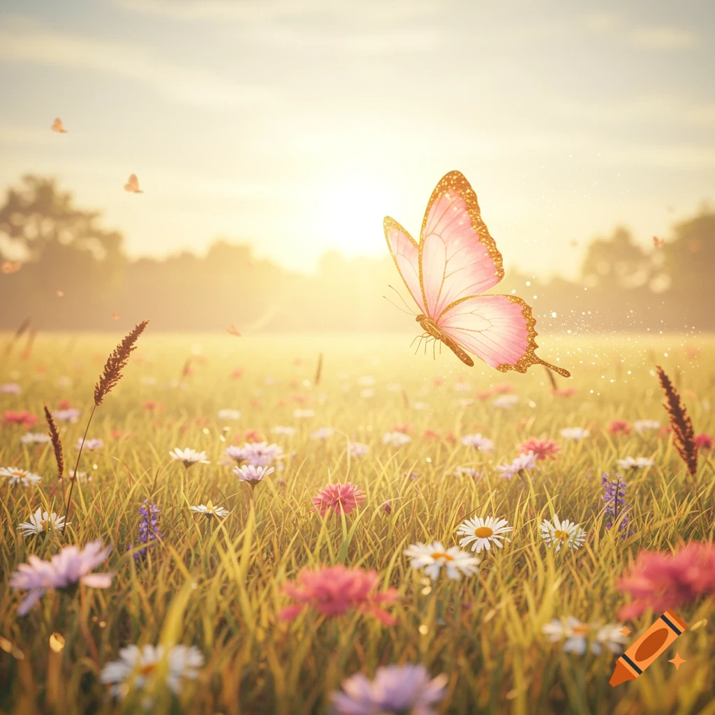 A vibrant pink butterfly with golden-edged wings flies over a sunny meadow filled with colorful wildflowers at sunrise.