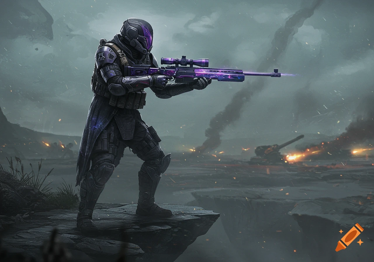 A futuristic soldier in dark armor with purple accents holds a sniper rifle on a rocky ledge overlooking a smoky, war-torn battlefield.