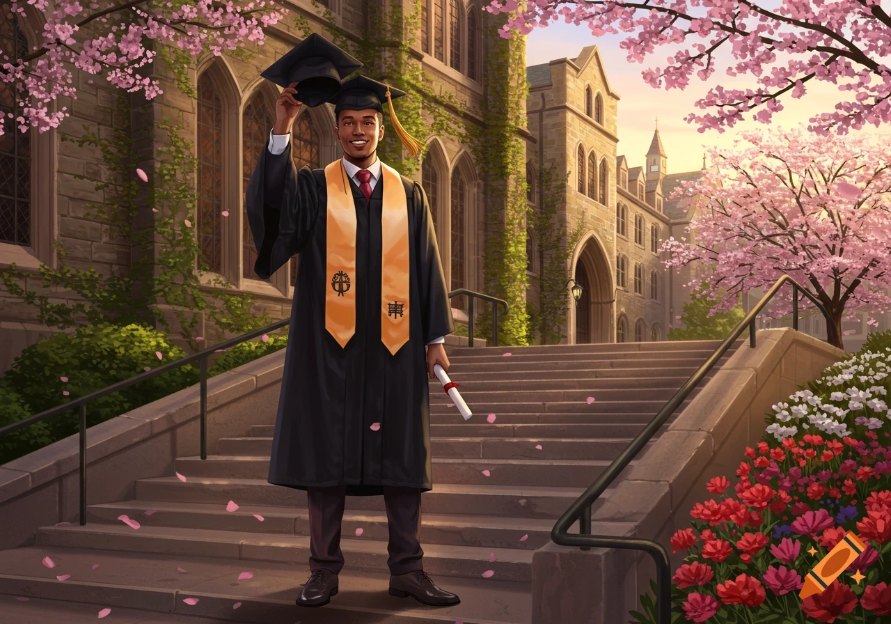 Smiling Black man in graduation gown and orange stole holding cap and diploma on campus steps with blooming cherry trees.