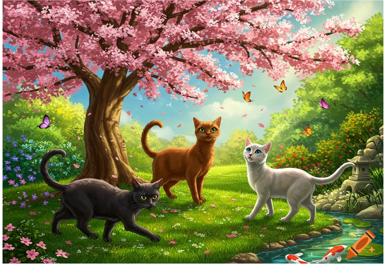 Three cats stand in a vibrant, flowery garden under a pink cherry blossom tree, with butterflies and a pond.