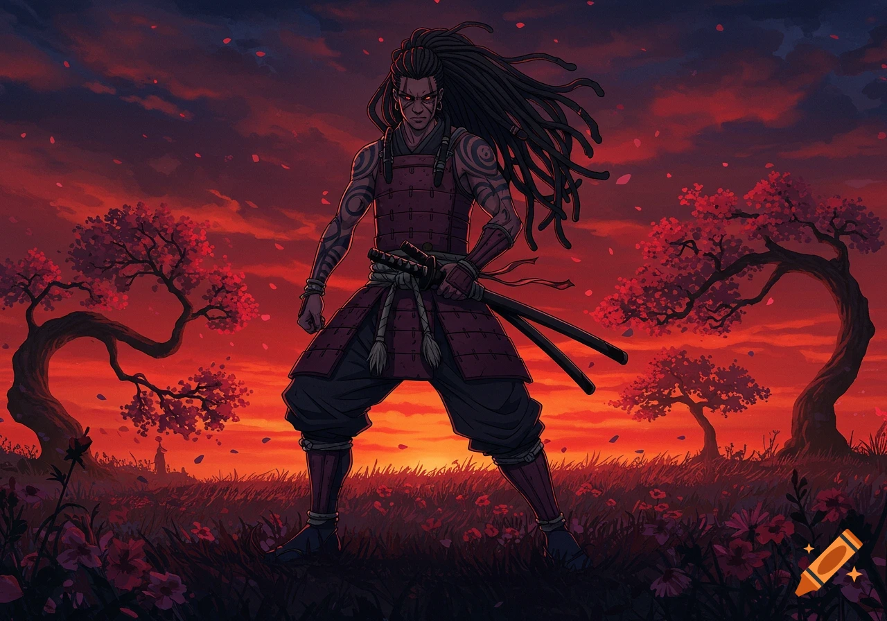 An anime-style samurai with dreadlocks stands in a field of flowers against a red sunset with cherry blossom trees, holding katanas.