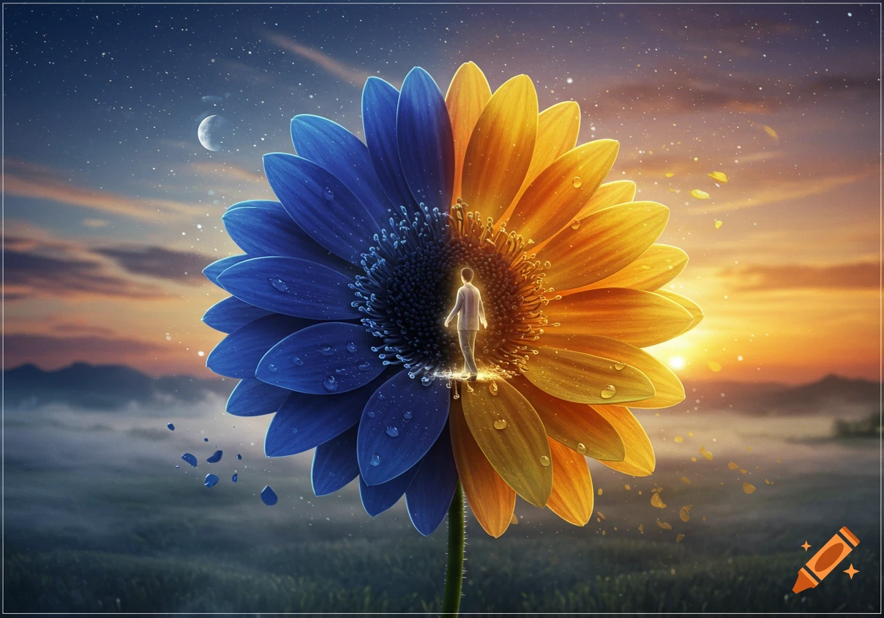 A giant flower split into a blue night sky with a crescent moon and a golden sunrise, with a glowing figure standing in its center.