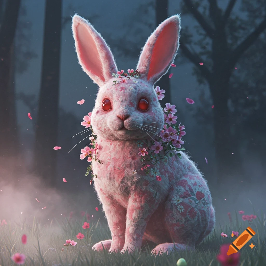 A pink rabbit with red eyes and floral patterns sits in misty grass in a dark forest, adorned with a flower crown.
