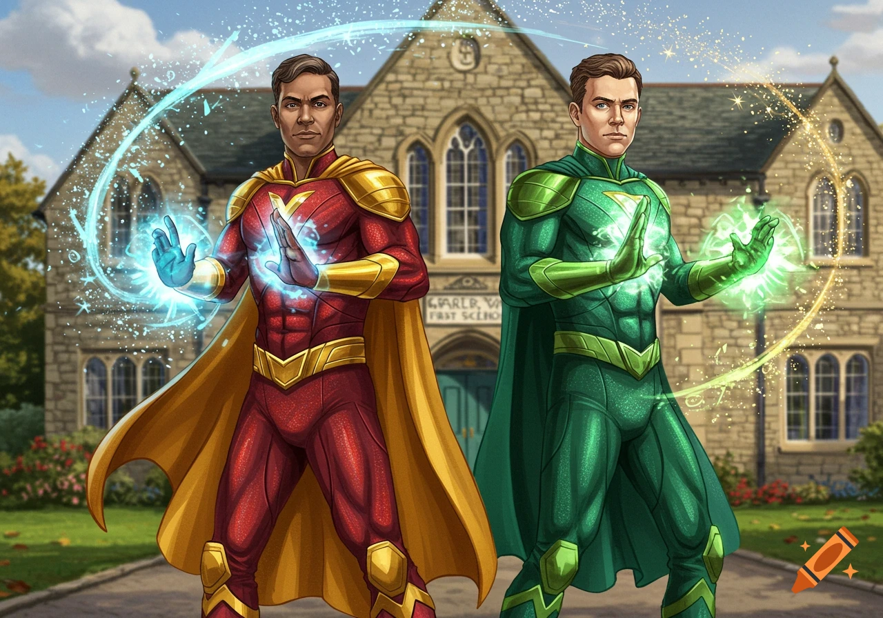 Two superheroes, one in red and one in green, stand in front of a stone school building, casting spells with glowing hands. Comic art style.