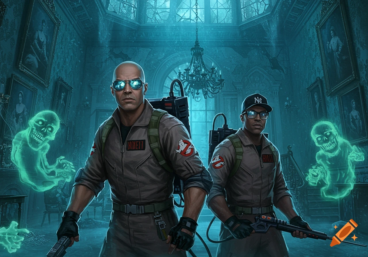 Two muscular Ghostbusters, one bald with sunglasses and one with a black NY cap and glasses, stand in a haunted mansion with glowing green ghosts around them.