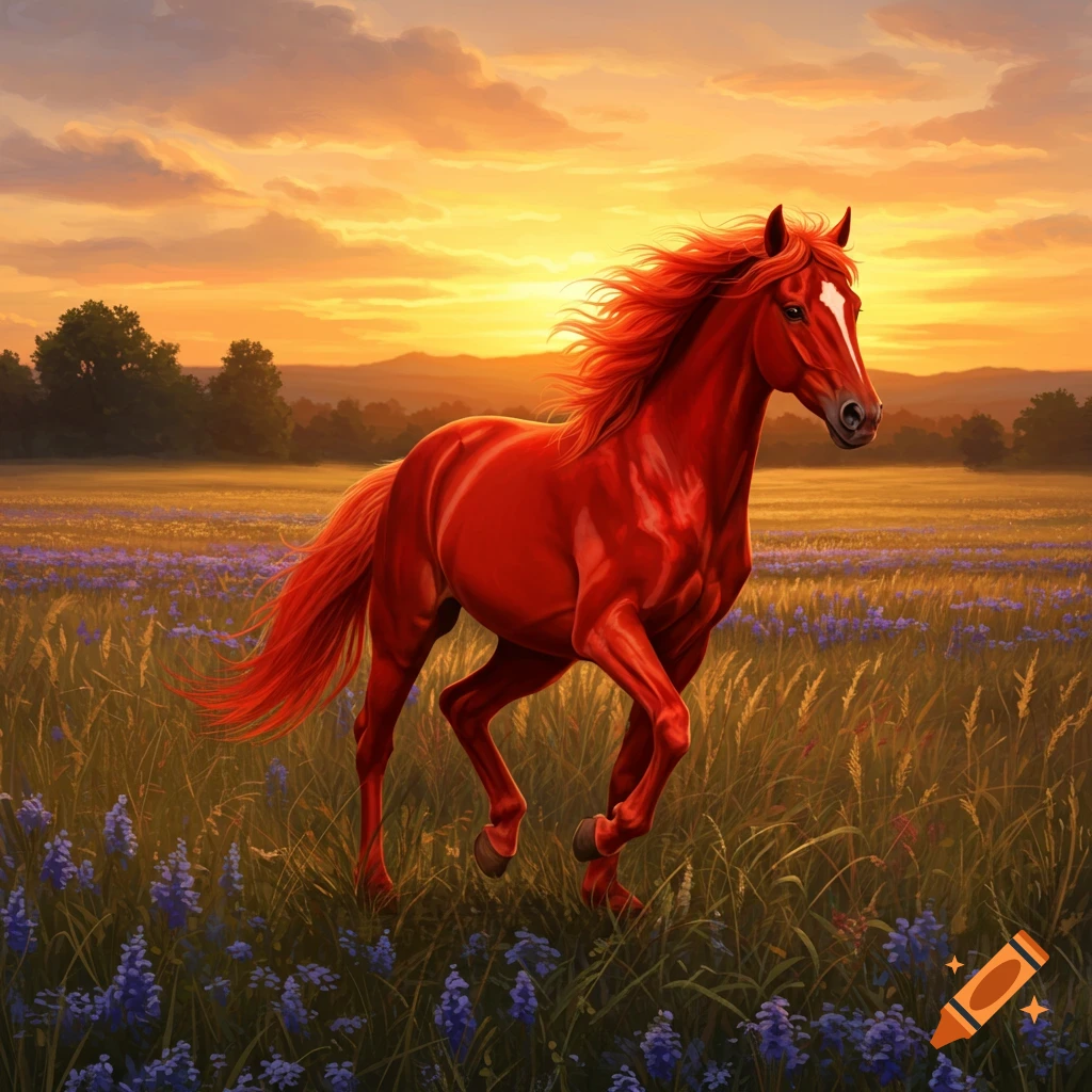 A vibrant red horse with a flowing mane gallops through a field of purple flowers at sunset, with a golden sky.