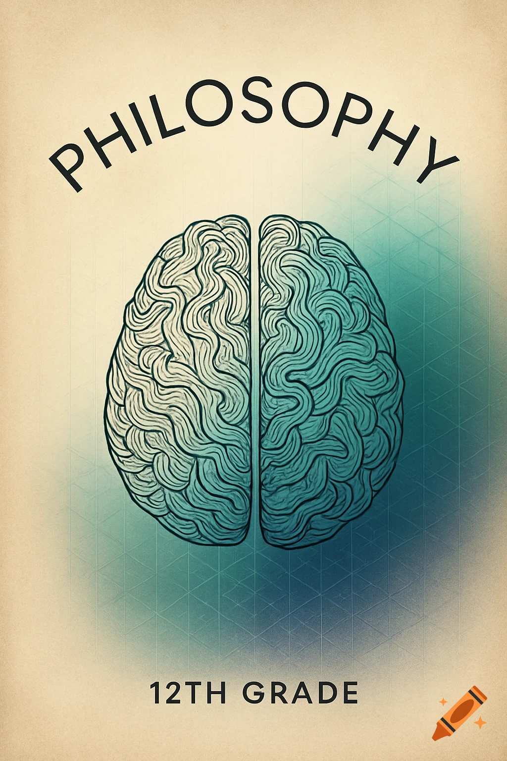 A minimalist graphic of a brain, with the word 'PHILOSOPHY' arched above and '12TH GRADE' below, on a textured background.
