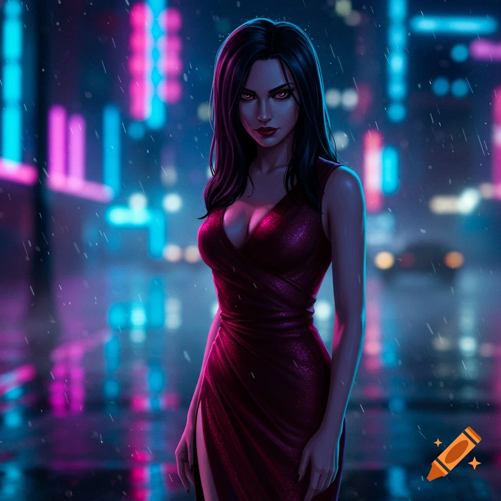 Animated woman in a sparkling red dress standing in a rainy, neon-lit city street at night.