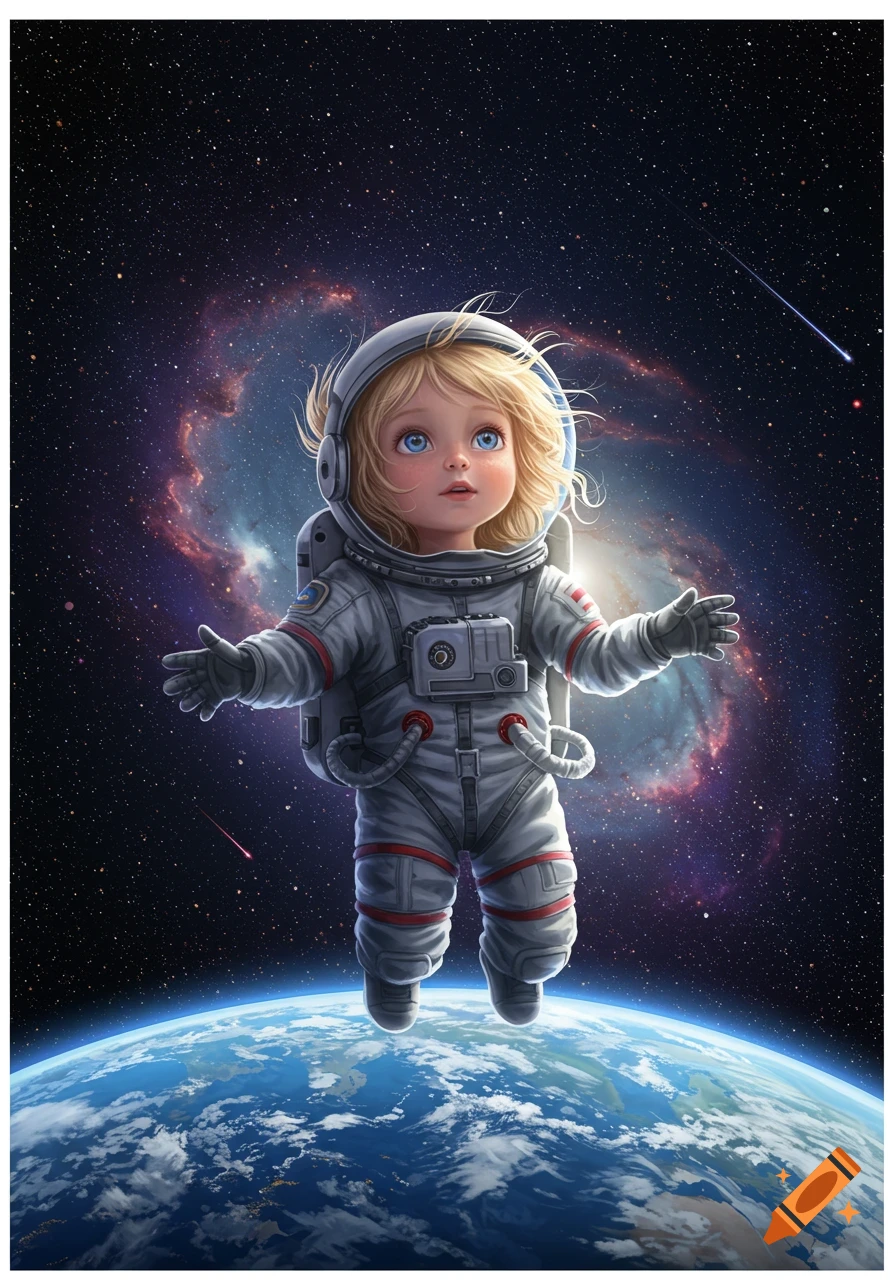 An illustrated cute blonde little girl astronaut floats in space above Earth with a colorful galaxy behind her.