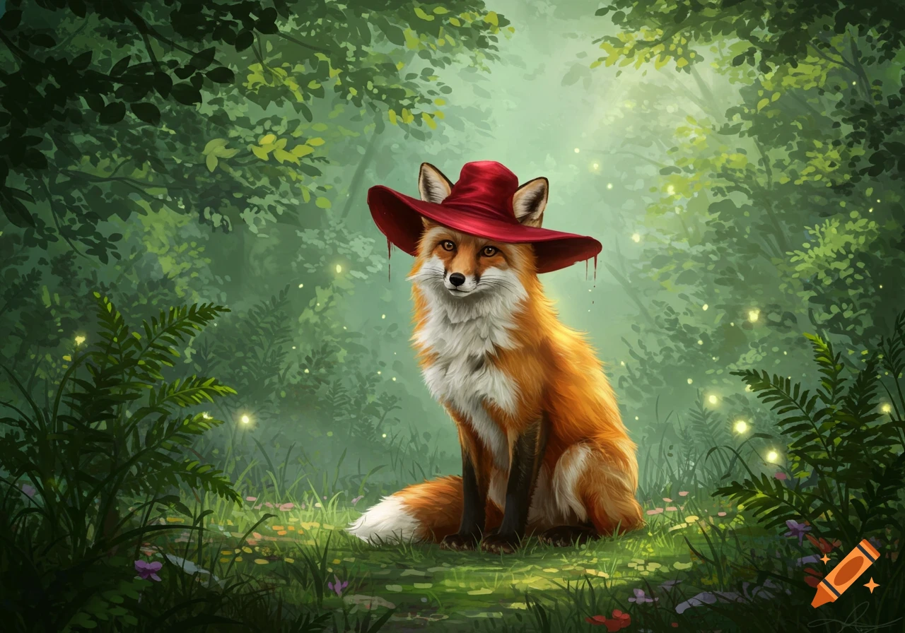A fox wearing a red wide-brimmed hat sits in a magical, sun-dappled forest, digital painting.
