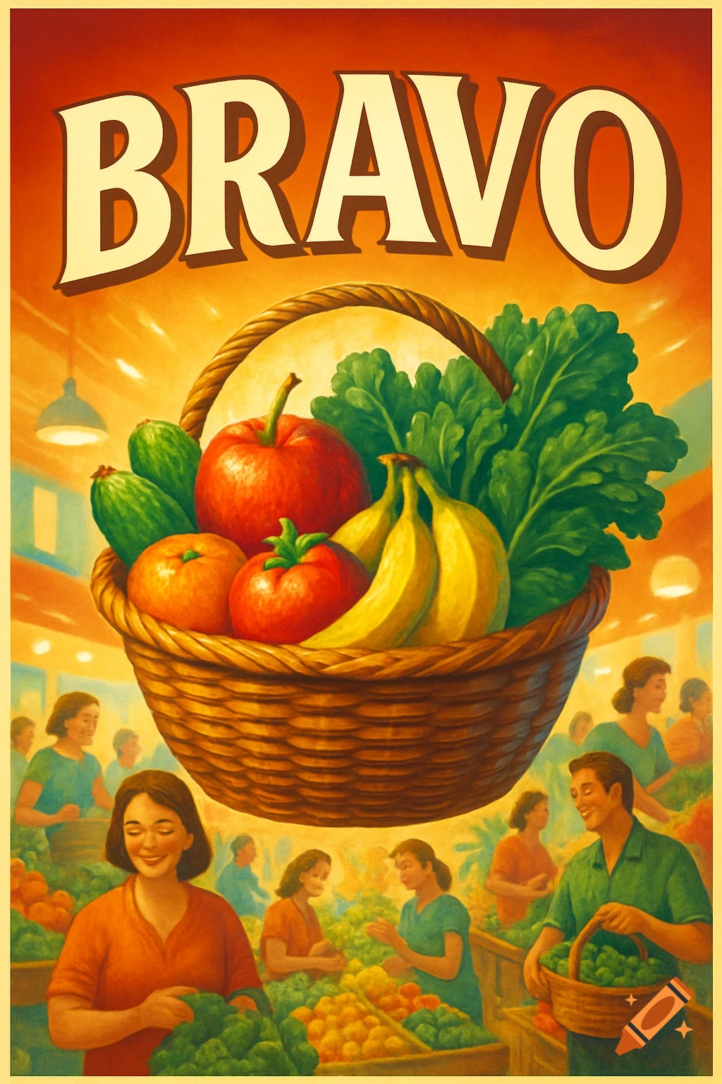 Vintage style poster with 'BRAVO' above a large basket of fruits and vegetables, with people shopping in a market below.