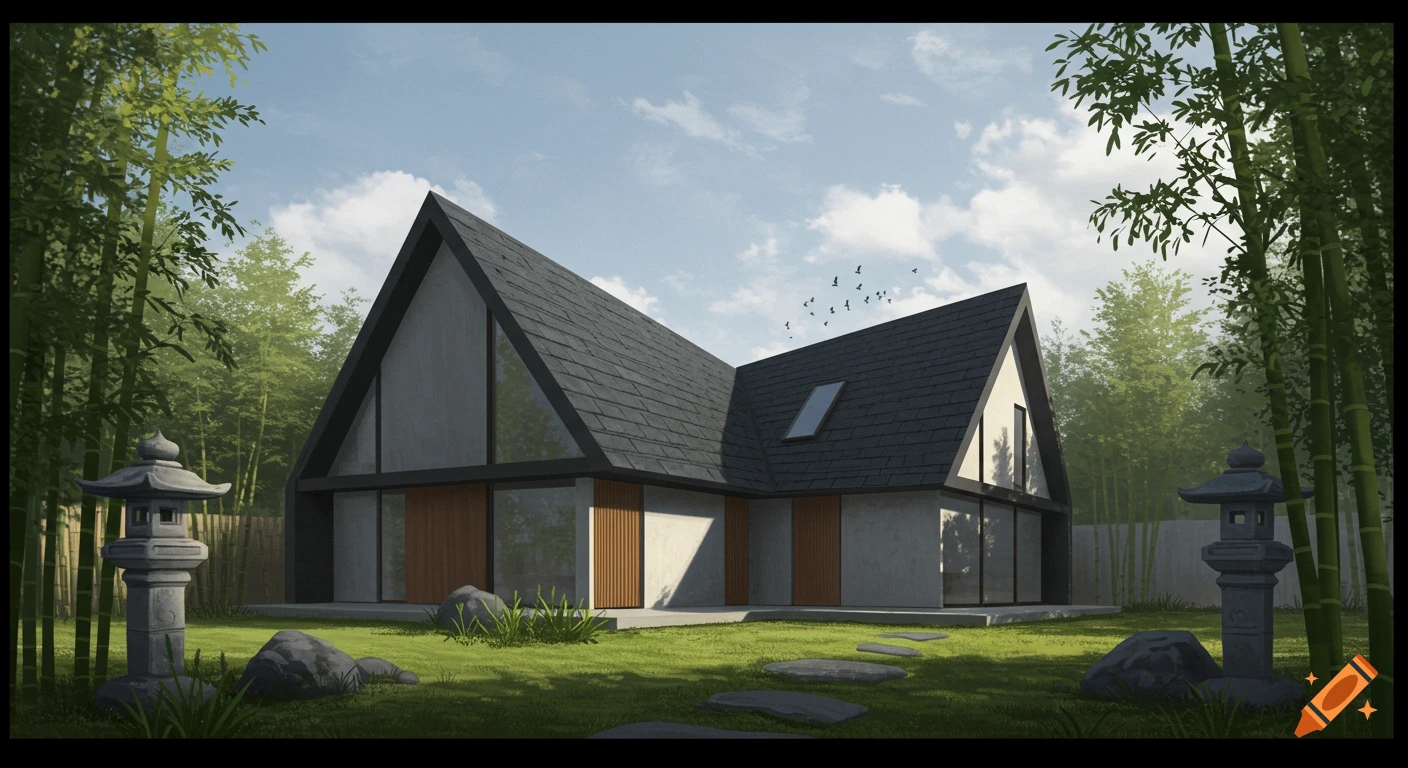 Modern angular house with a dark roof surrounded by bamboo and stone lanterns in a sunny green garden.
