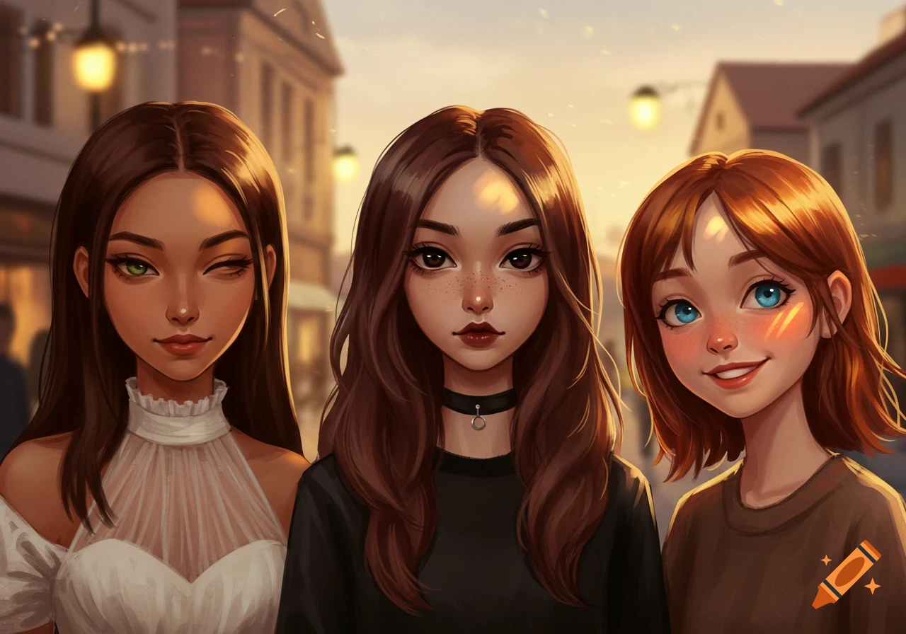 Three animated-style young women with varied features and hairstyles stand together in an outdoor setting.