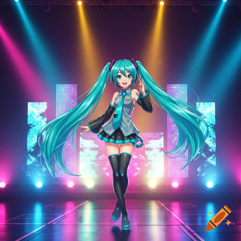 Hatsune Miku, an anime character, stands smiling on a vibrant stage lit by pink, blue, and yellow spotlights.