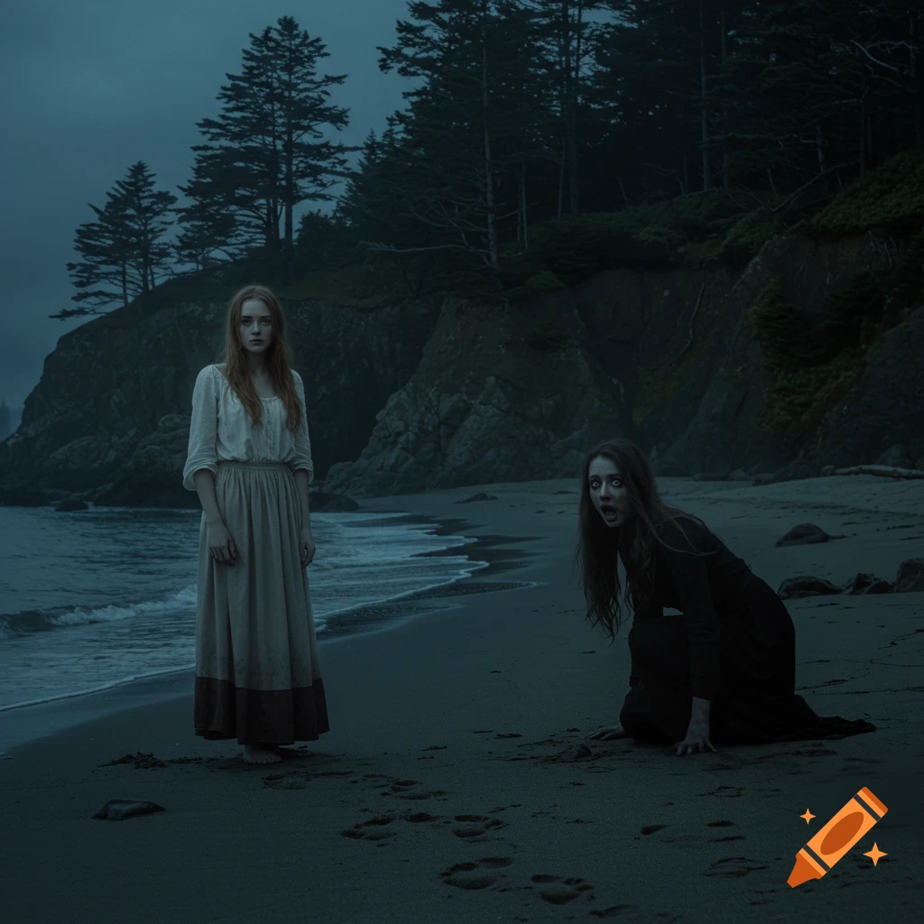 Two women on a dark, moody beach. One stands calmly, the other kneels, screaming in terror. Cliffs and pines in the background.