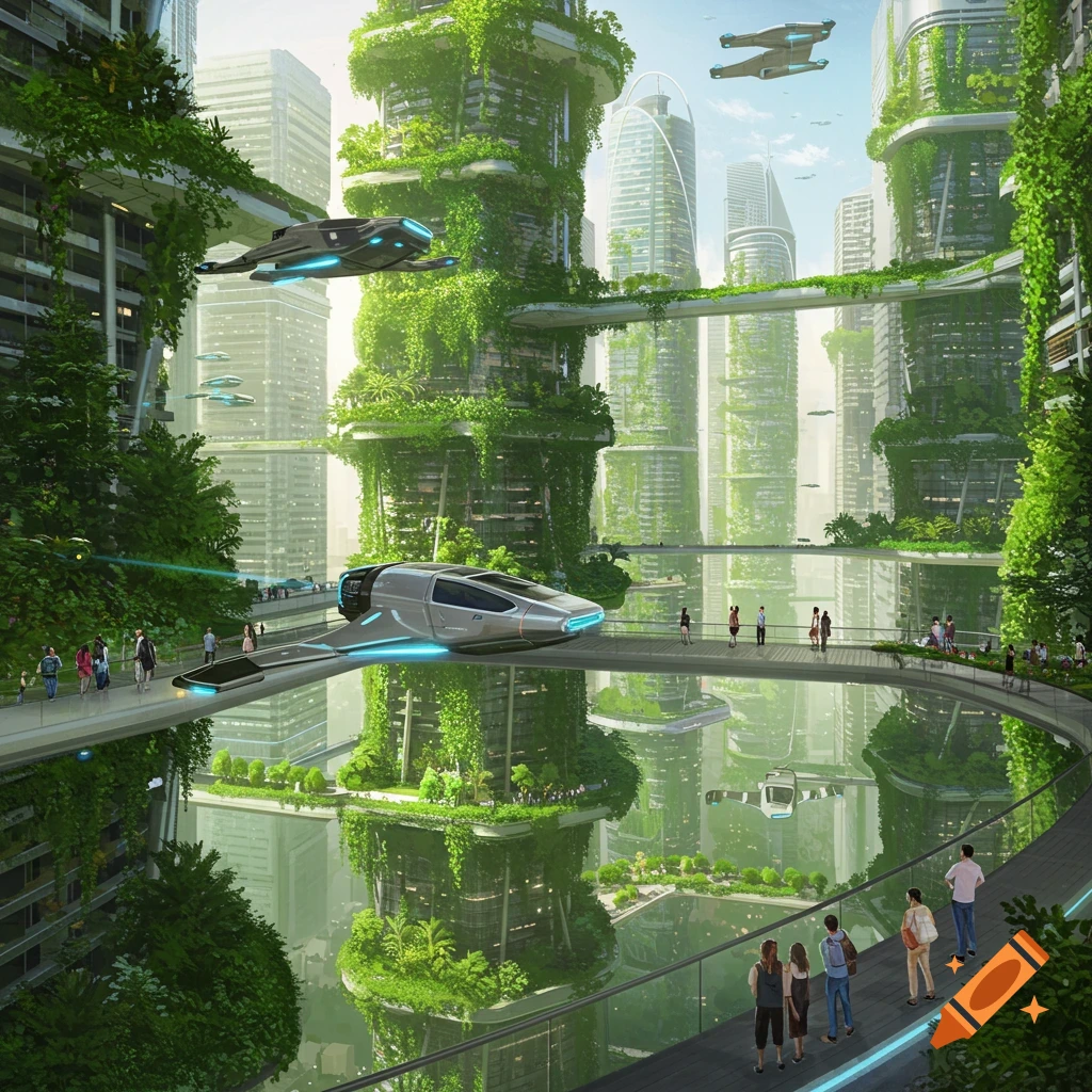 A vibrant, futuristic city with green skyscrapers, flying cars, and people on curved walkways over reflective water.