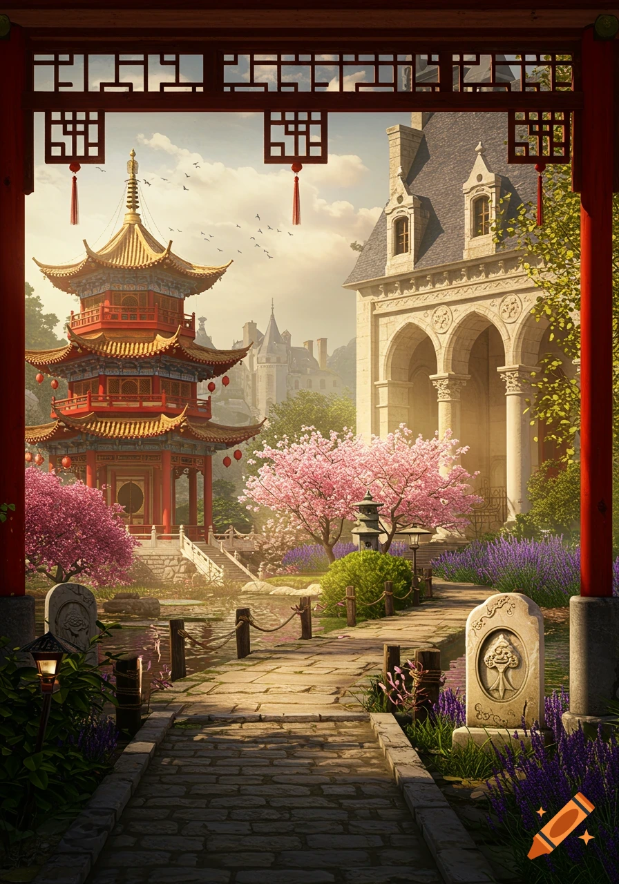 A serene landscape with a red Chinese pagoda, blooming cherry trees, and a grand French manor house viewed through an ornate red gate.