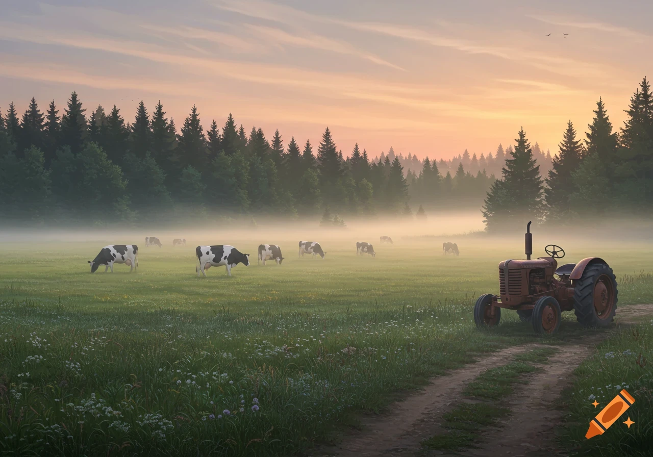 A serene farm landscape at sunrise with cows grazing in a misty meadow, a red tractor on a dirt path, and a dense forest in the background.