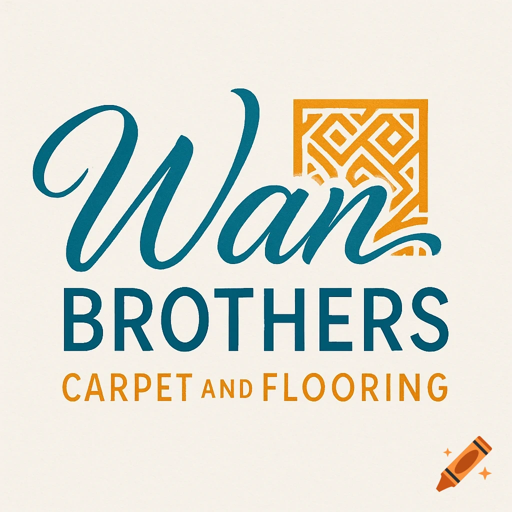 Wan Brothers Carpet and Flooring logo with 'Wan' in teal cursive overlaying an orange geometric pattern, and business name below.