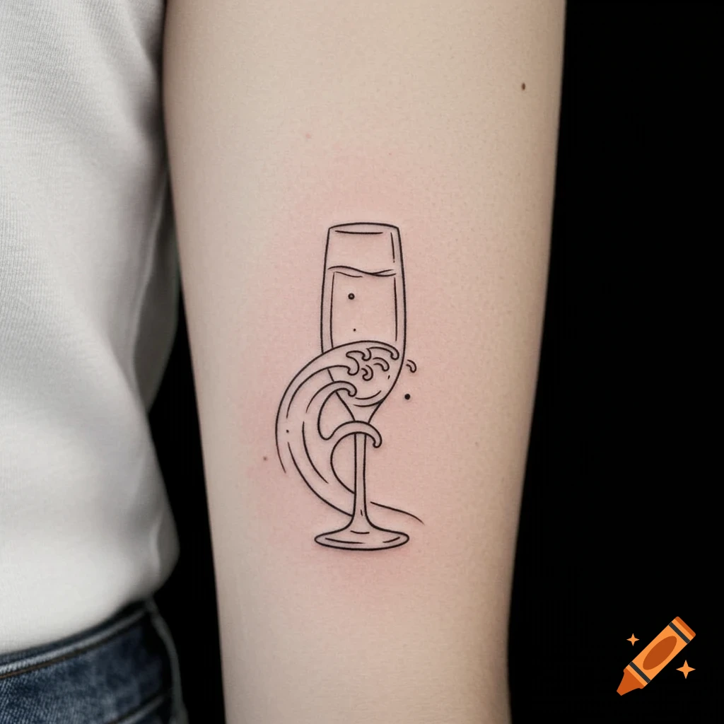 Minimalist black line art tattoo on an arm, featuring a champagne glass with a wave.