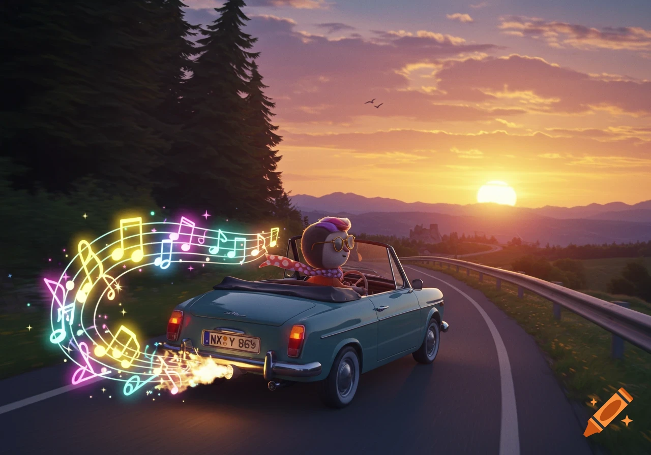 Animated penguin in sunglasses driving a classic car at sunset, with colorful music notes trailing from the exhaust.