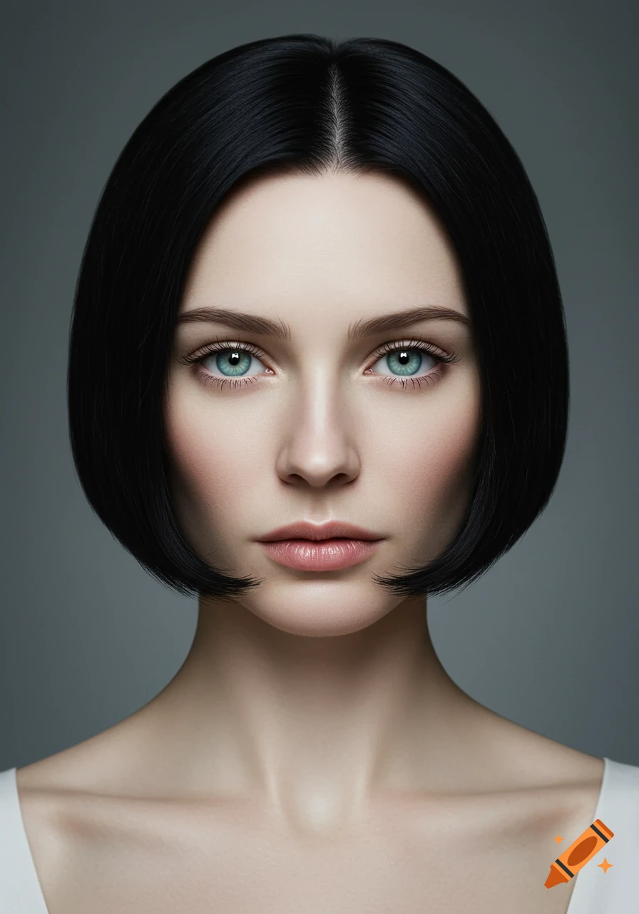Photorealistic portrait of a Caucasian woman with dark bobbed hair, light blue-green eyes, and pale complexion.