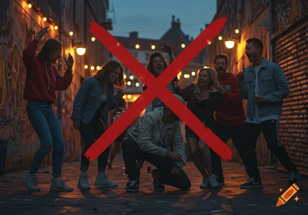 A group of young people laughing and dancing in a dimly lit urban alley with string lights and graffiti, overlaid with a large red 'X' symbol.