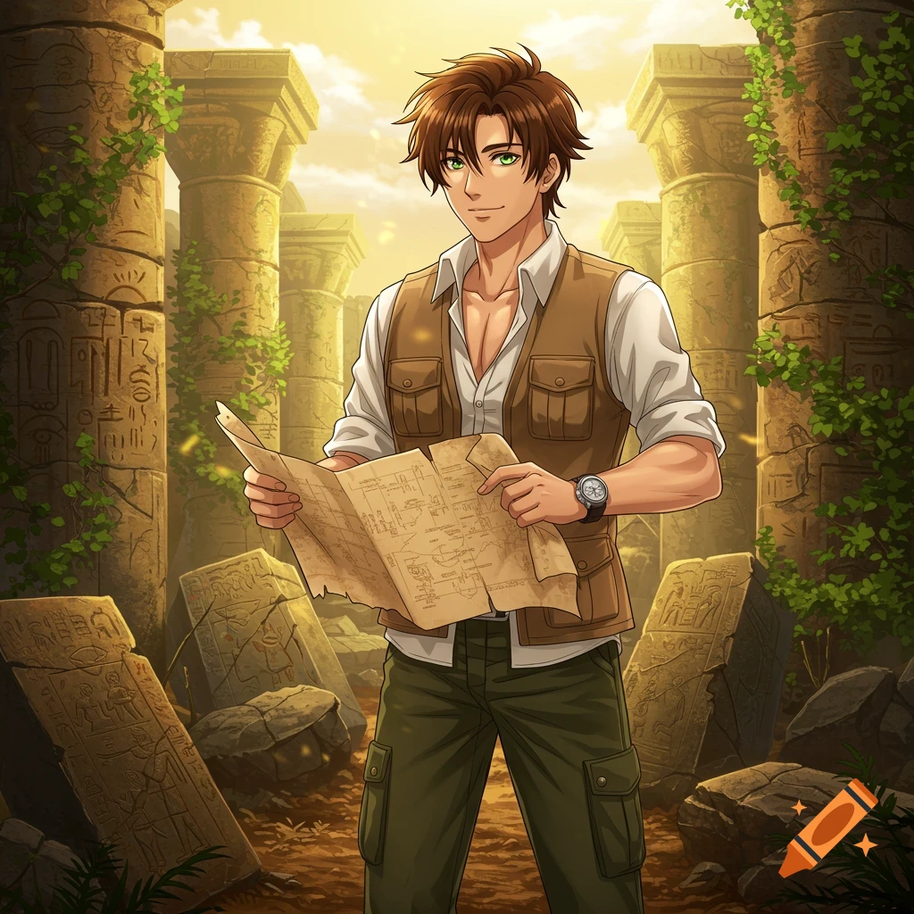 Anime male archaeologist with brown hair examining a map in sunlit ancient ruins with hieroglyph-covered pillars and stones.