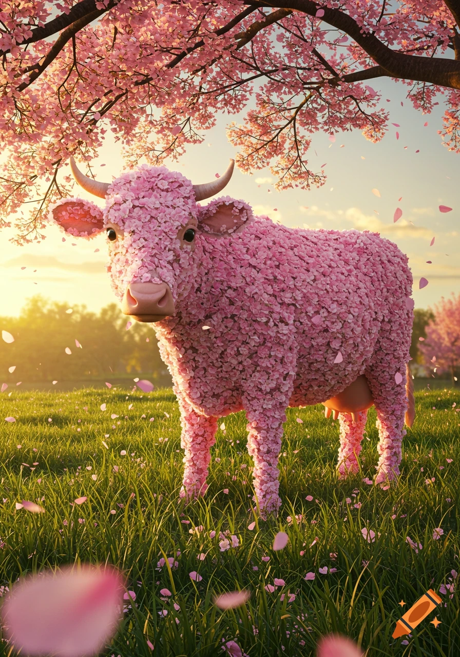 A whimsical cow covered in pink cherry blossoms stands in a sunny green field under a blossoming sakura tree.
