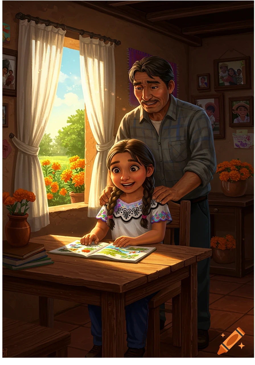 A vibrant digital illustration of a young Mexican girl reading a book while an older man looks on from behind, by a window overlooking a marigold garden.