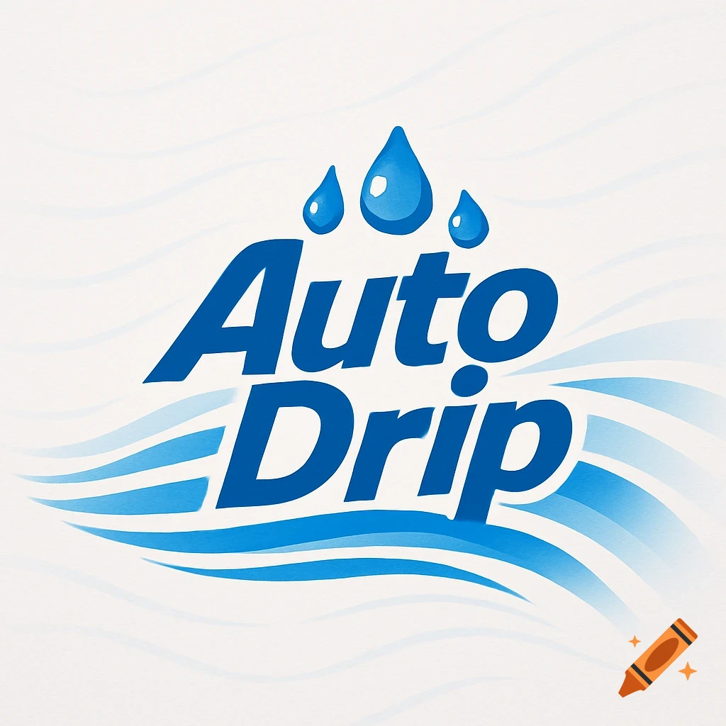 A blue logo for 'Auto Drip' with three water droplets above the text and wave-like lines below, on a white background.