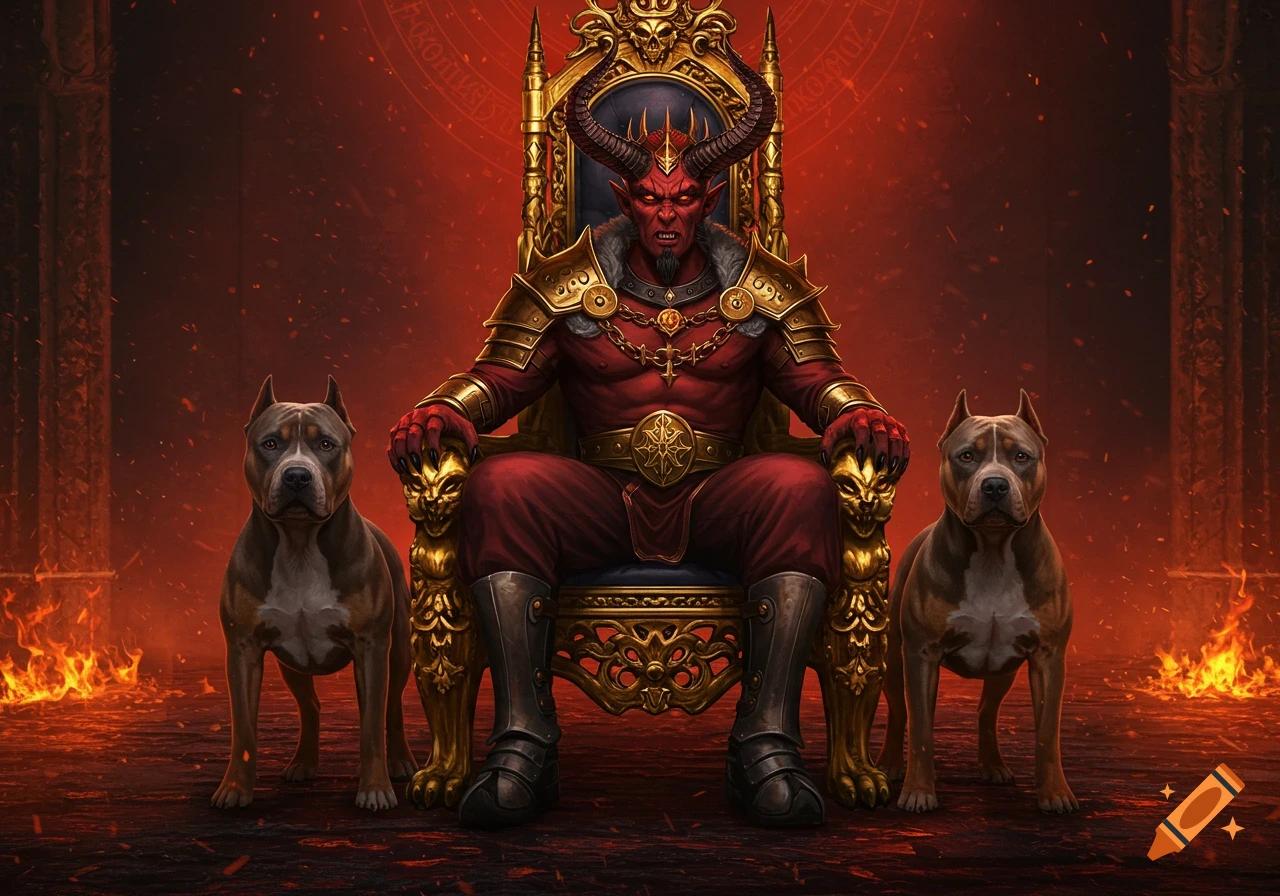 A red-skinned devil king with horns, wearing gold armor, sits on a golden throne with two pit bulls standing beside him in a fiery, hellish landscape. Dark fantasy art style.