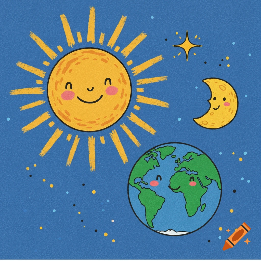 Cartoon sun, moon, and Earth with smiling faces in a dark blue starry space.