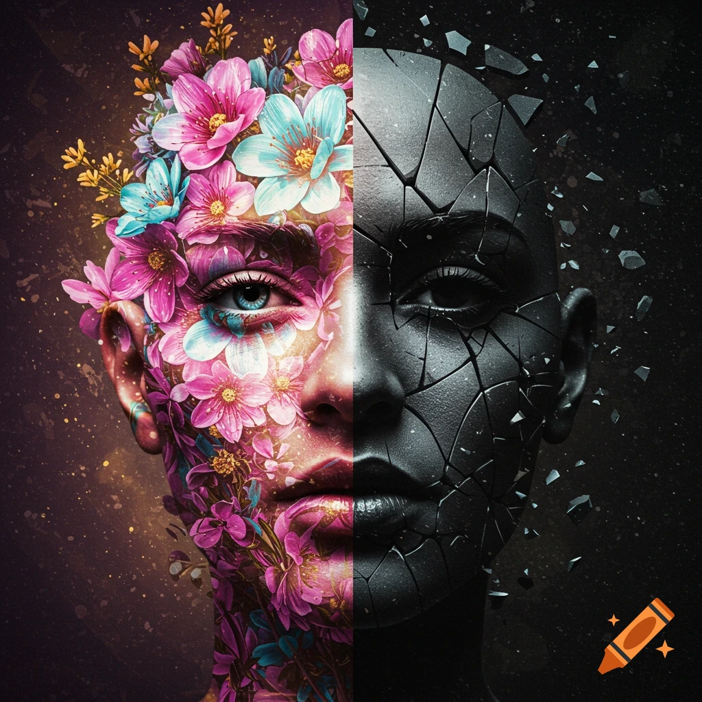 A surreal portrait of a human face split down the middle, one side blossoming with colorful flowers, the other dark and shattering.
