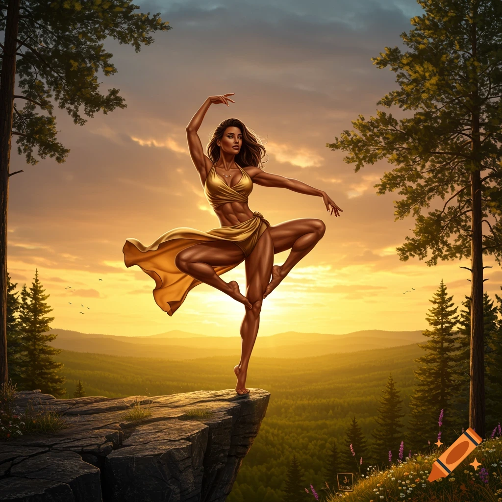 A muscular woman in a gold outfit balances on a cliff edge against a vibrant sunset over a forest.