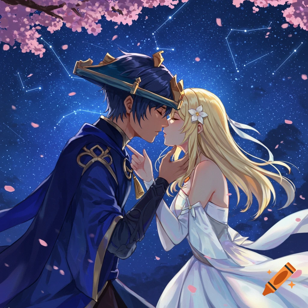 Anime characters Scaramouche and Lumine almost kissing under a cherry blossom tree and starry night sky.