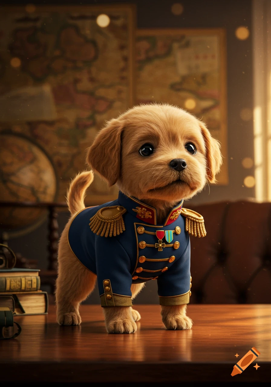 A cute puppy wearing a detailed blue and gold military uniform stands on a wooden desk with antique maps and books in the background.
