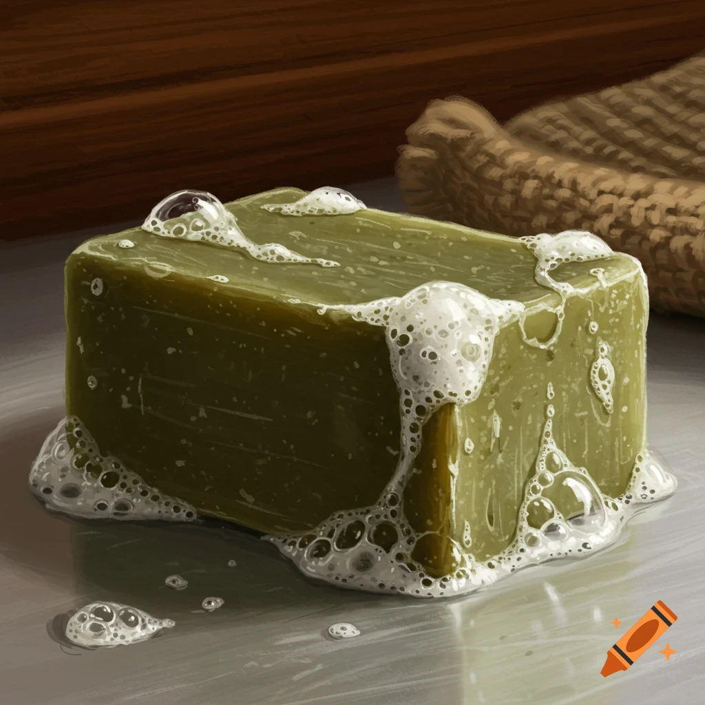 A rectangular bar of green soap with white suds on a wet surface, with a blurred wooden background.