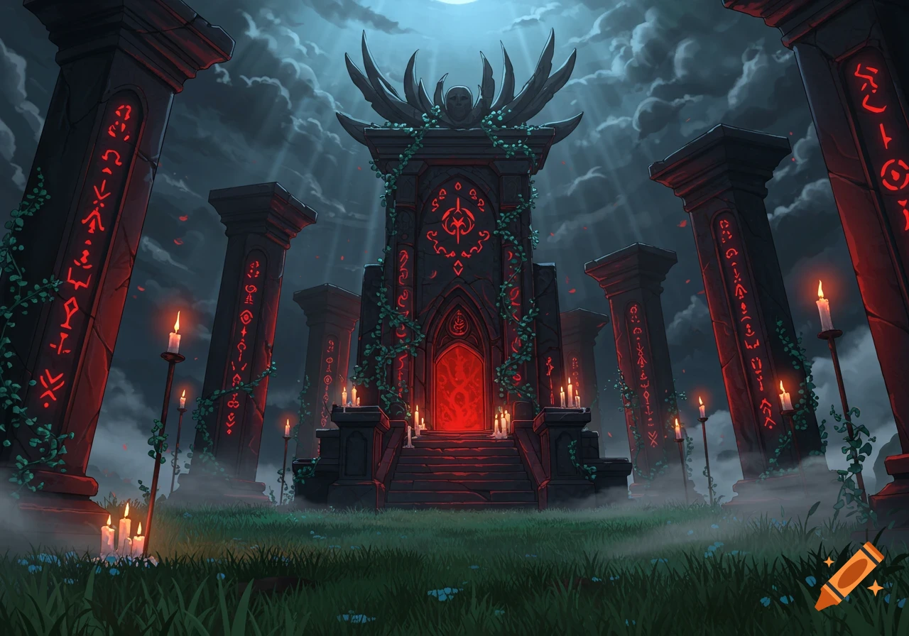 Anime-style dark fantasy shrine under moonlight with red glowing runes, candles, and a skull.