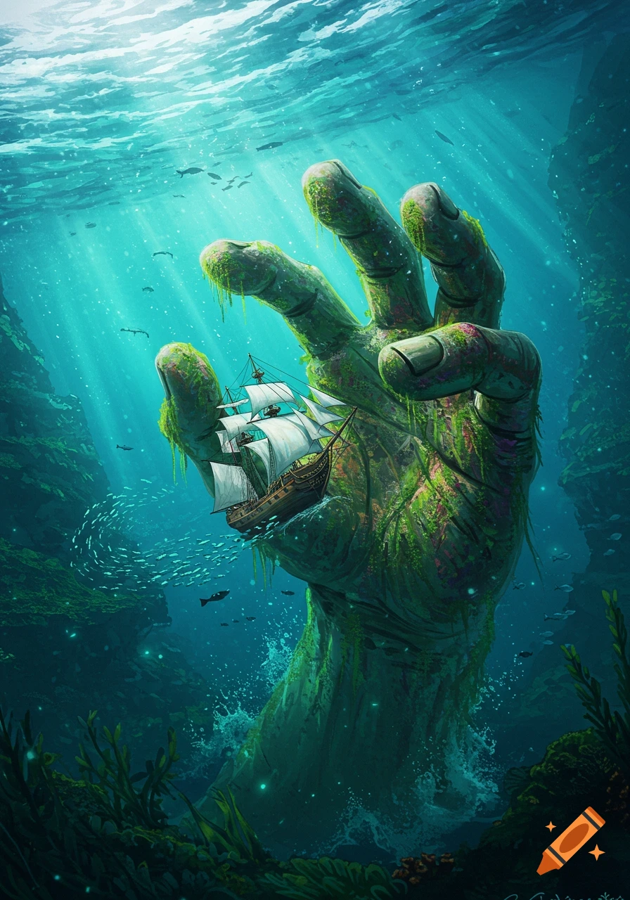 A colossal, moss-covered hand rises from the deep ocean, cradling a small wooden sailing ship, with light rays piercing the water.
