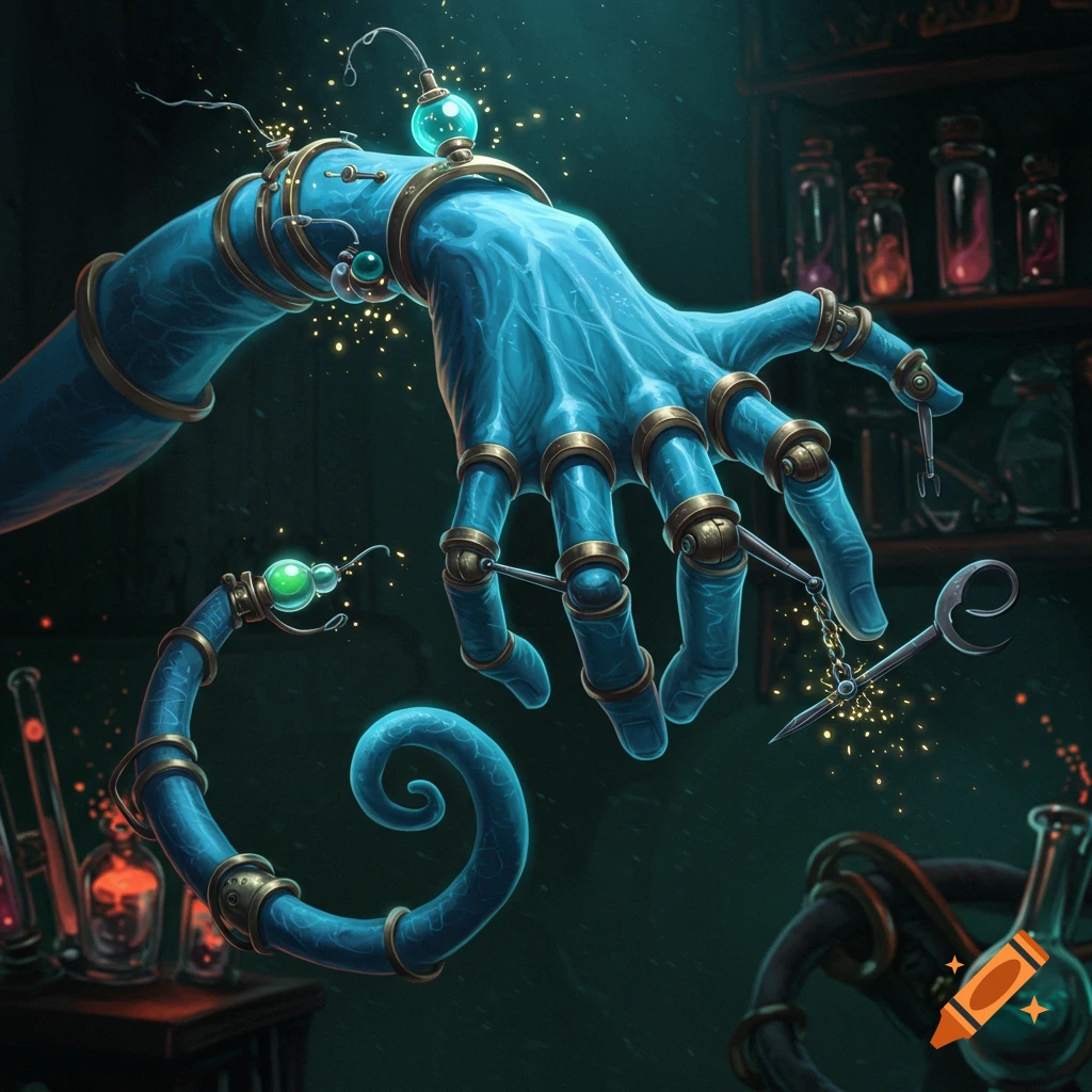 Detailed illustration of a blue, mechanical hand with rings and vials, holding a tool in an alchemist's lab.
