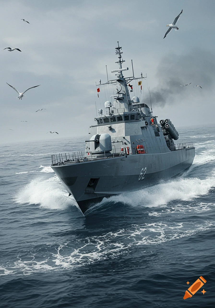 A gray military patrol boat with "62" on the bow speeds through the choppy ocean, with seagulls flying under a cloudy sky.