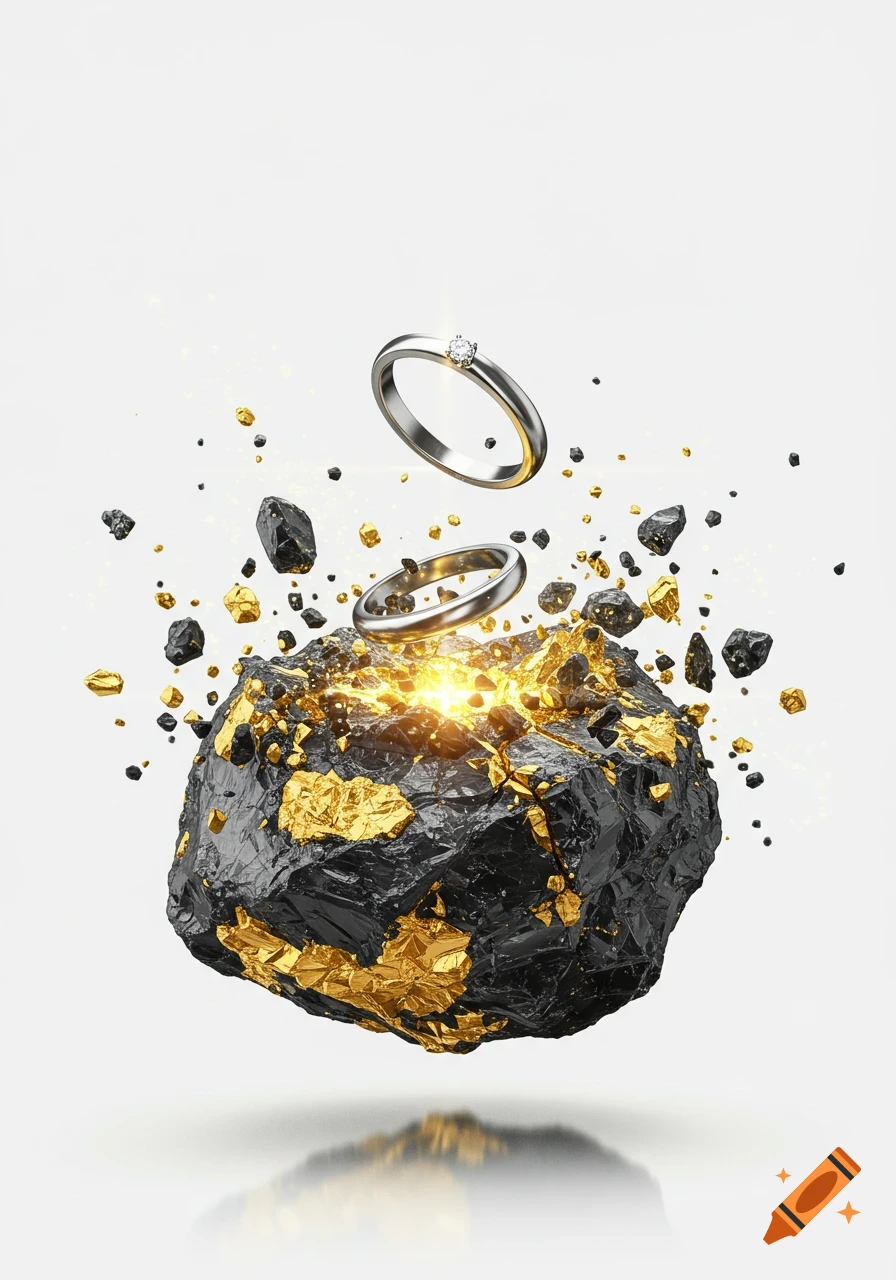A black and gold rock explodes on a white background, revealing two levitating silver rings and scattered debris.
