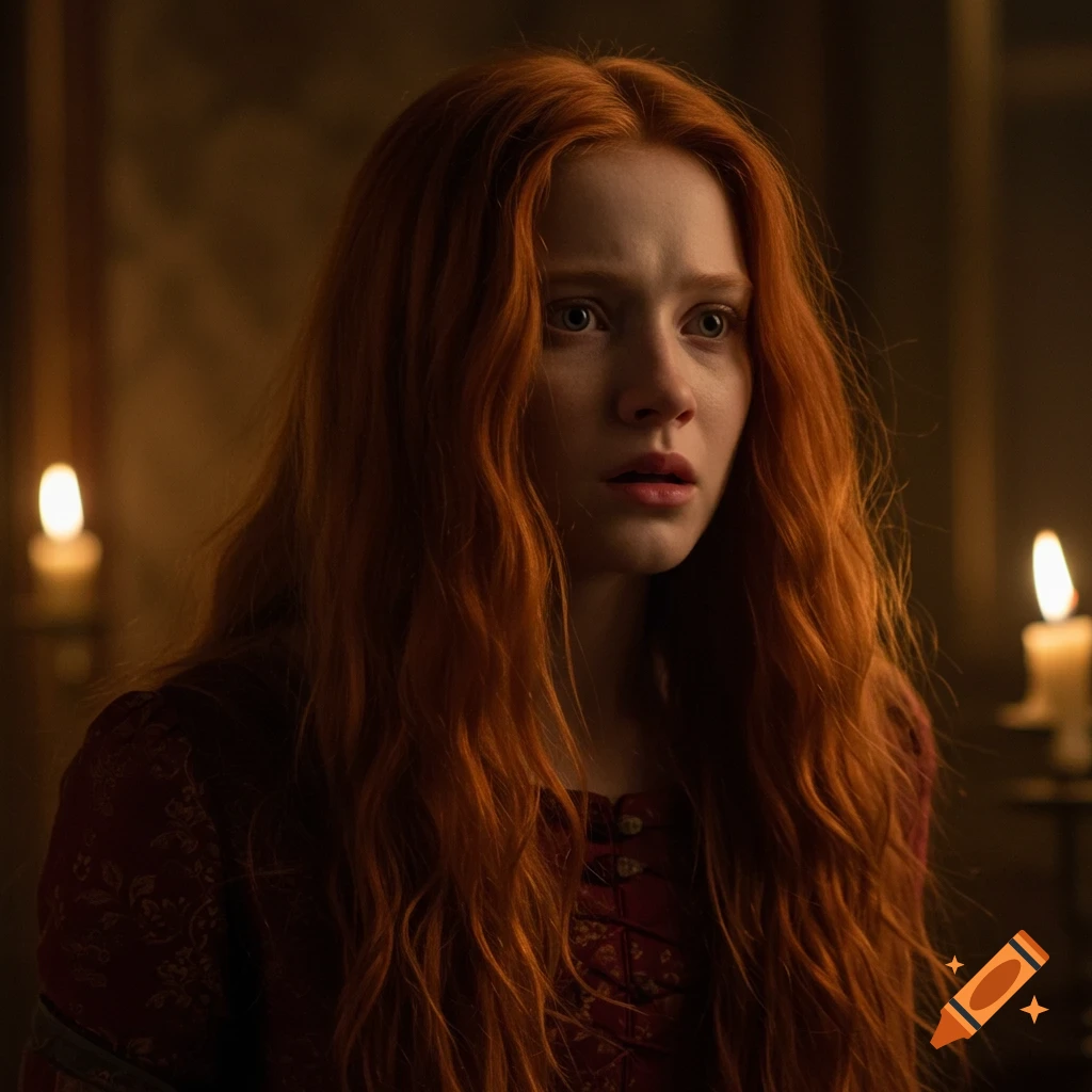 A photorealistic portrait of a scared young woman with long red hair, wearing a red dress, in a dimly lit room with candles.