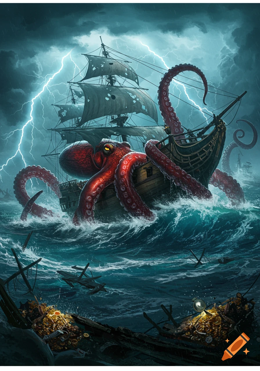 A massive red octopus attacks a pirate ship in a violent storm with lightning, surrounded by wreckage and sunken treasure.