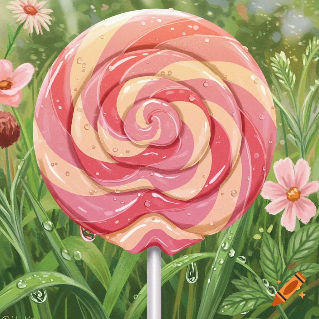 A large pink and yellow swirl lollipop with dewdrops stands in lush green grass among small pink and white flowers.