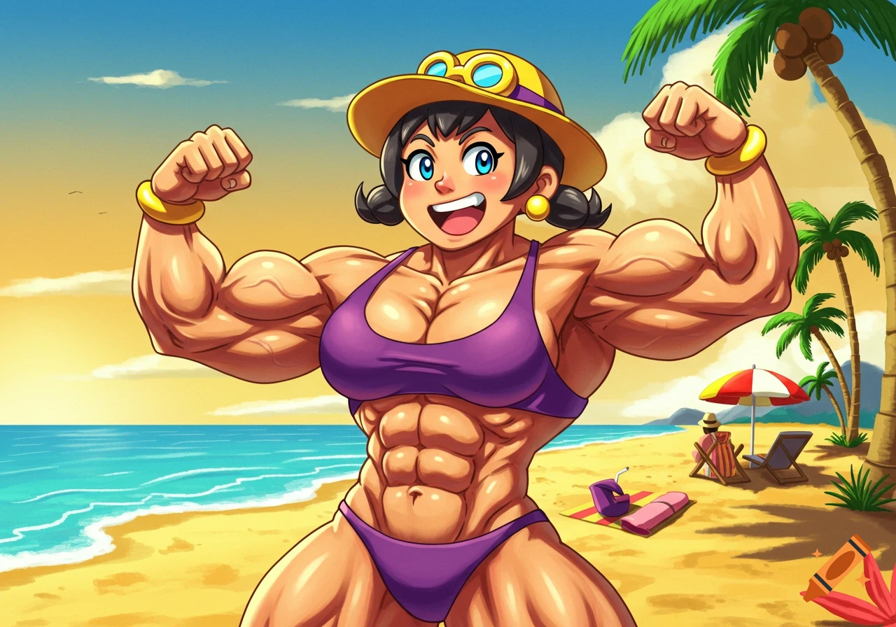 Cartoon Mona from WarioWare, a muscular woman in a bikini, flexes her biceps on a bright tropical beach.