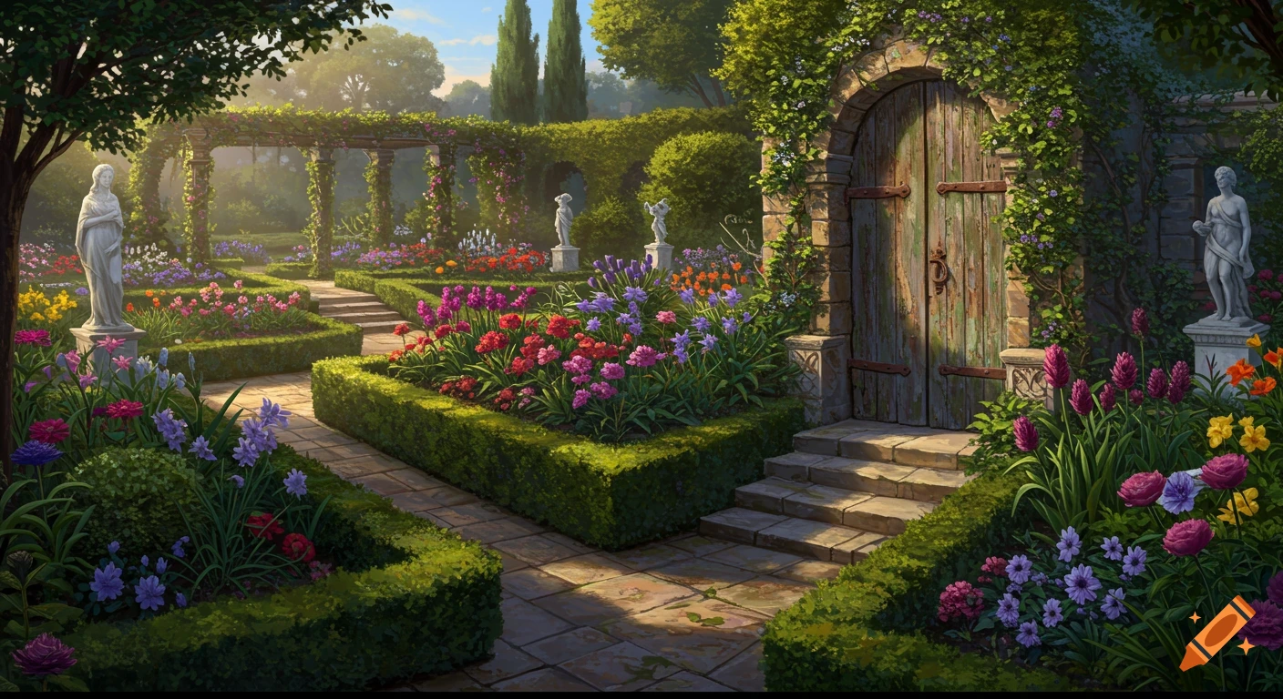 Lush, vibrant garden with colorful flowers, green hedges, stone paths, classical statues, and a rustic wooden door in a stone wall.