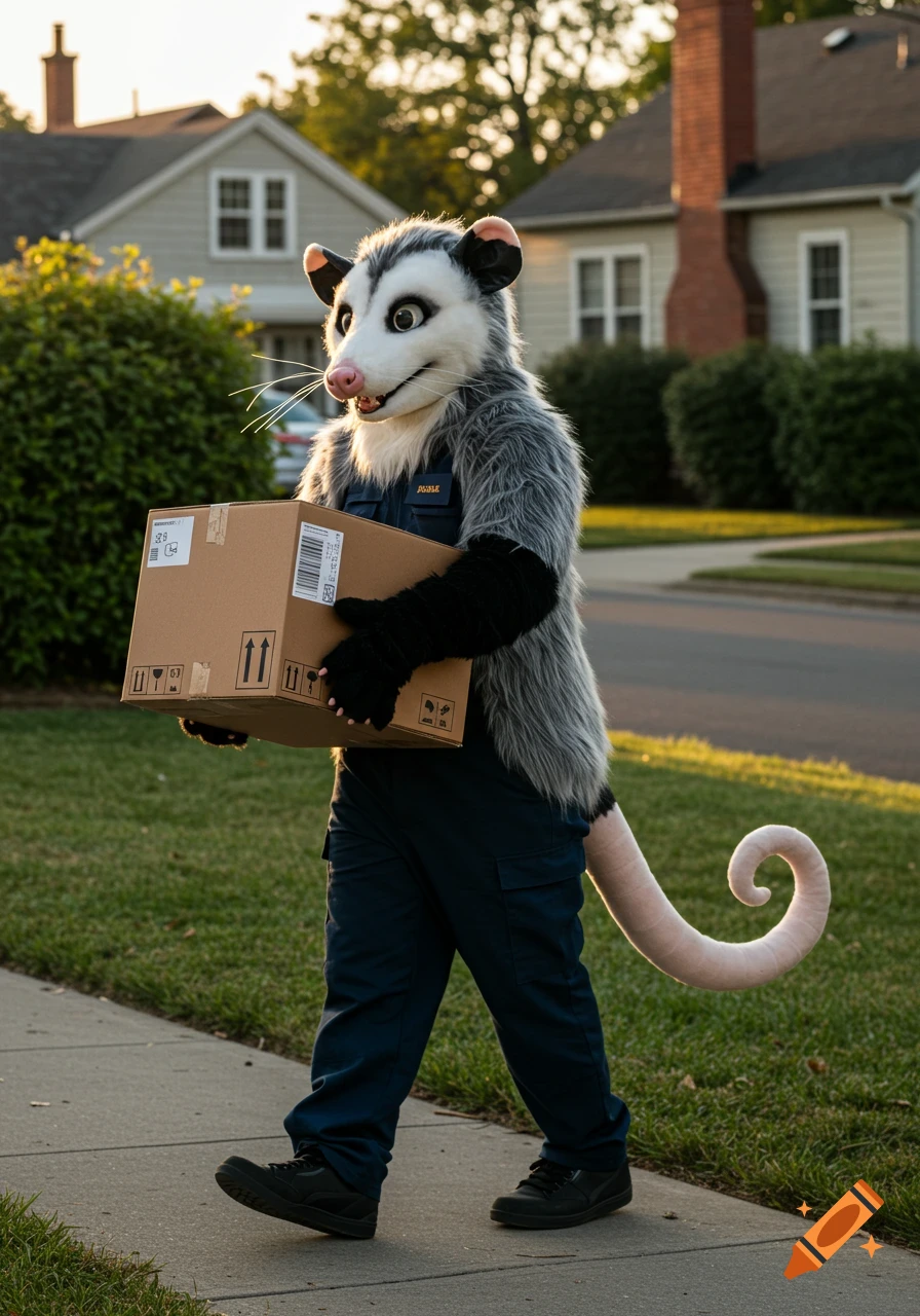 A person in a realistic grey and white opossum fursuit, dressed as a delivery driver, walks on a sidewalk holding a large box in a sunny suburban setting.