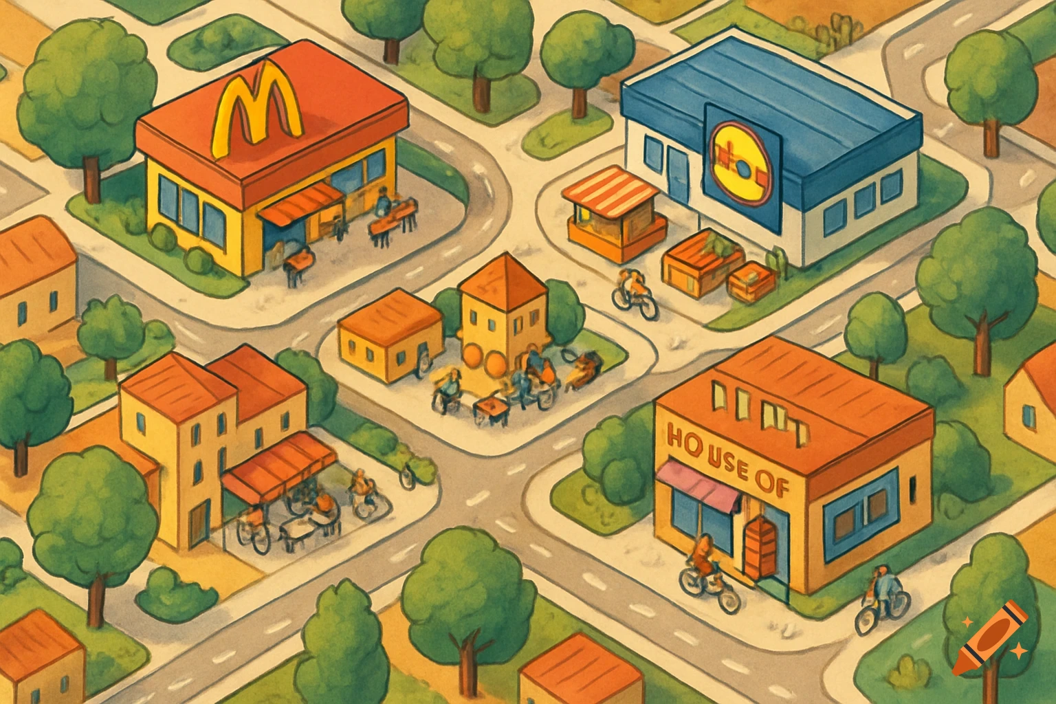 Playful isometric cartoon street map featuring McDonald's and Lidl, other buildings, trees, and people on bikes.